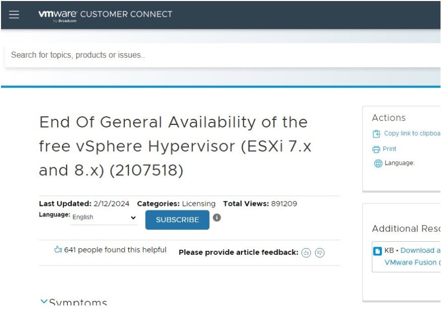 Broadcom ends free version of vSphere ESXi